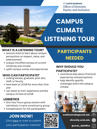 flyer for campus climate listening tour with an image at the top left of Storke Tower a QR code for joining at the bottom left and an image of four people conversing in a classroom at the bottom right