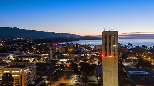 Pre-sunrise image of Storke Tower overlooking a portion of campus and the coastline