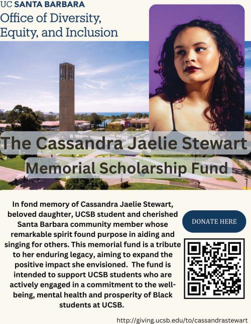 flyer with photo of Cassandra Jaelie Stewart at the top right imposed over background image of Storke Tower