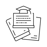 icon in black on a white background depicting a book, two pieces of paper, and a mortarboard