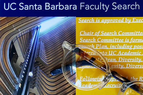 image of flyer for UC Santa Barbara Faculty Search workshop with a pair of glasses on top